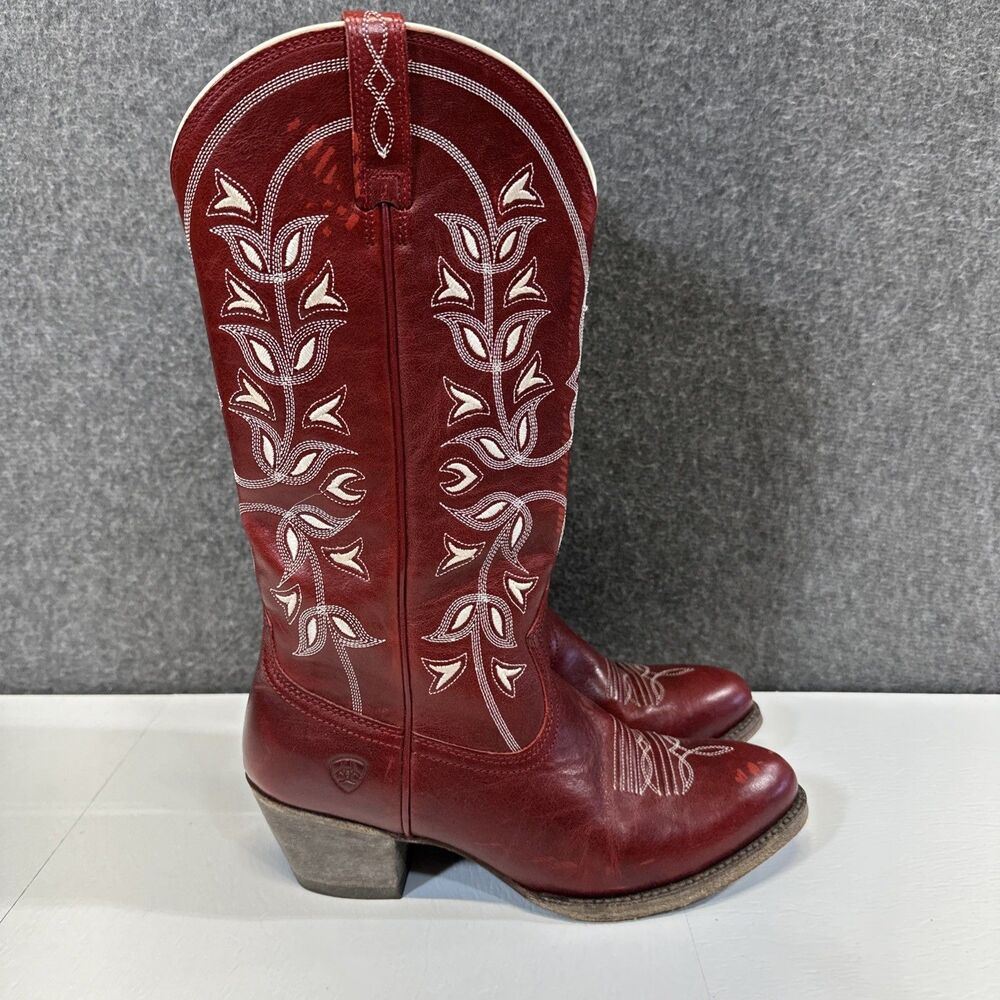 Ariat Red Burgundy Red Leather Western Cowboy Boots White Tulips Women’s 8.5 B30